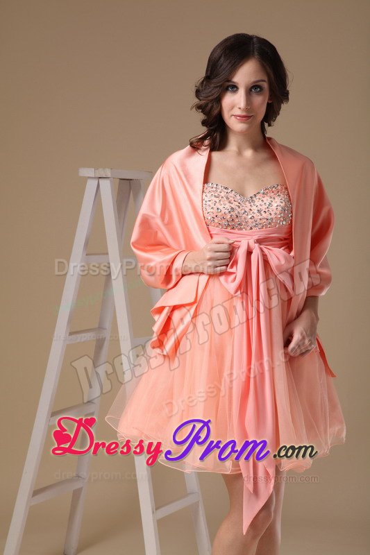 New Puffy Watermelon Red Beaded Mini Prom Dress with Sash