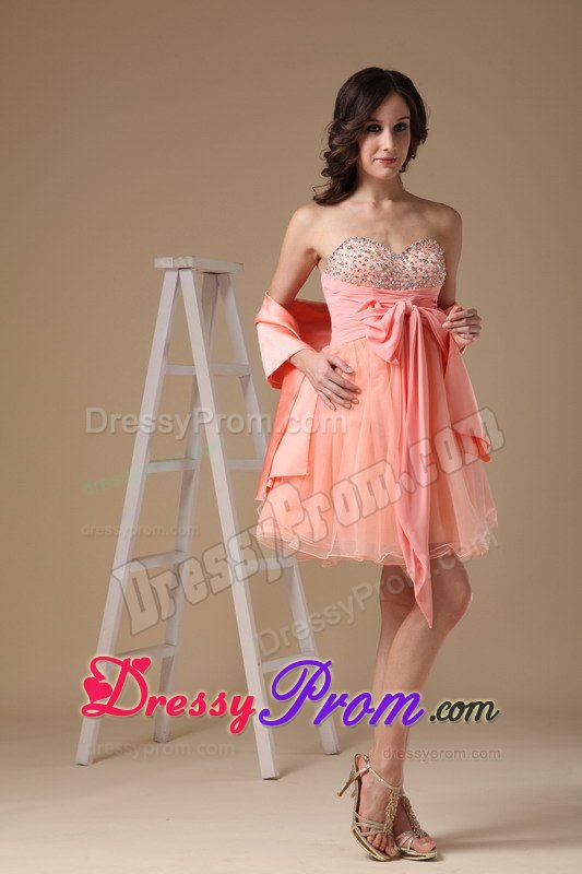 New Puffy Watermelon Red Beaded Mini Prom Dress with Sash