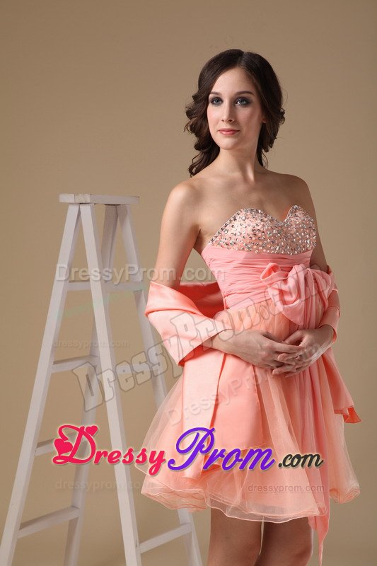New Puffy Watermelon Red Beaded Mini Prom Dress with Sash
