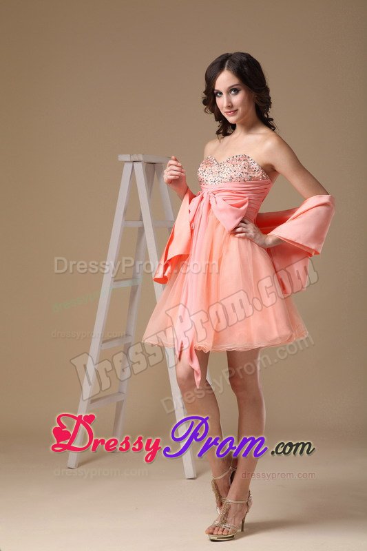 New Puffy Watermelon Red Beaded Mini Prom Dress with Sash