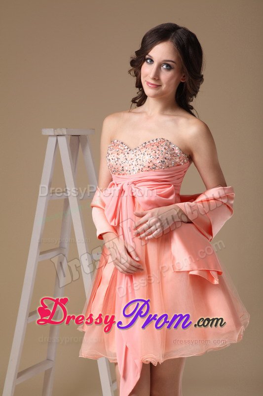 New Puffy Watermelon Red Beaded Mini Prom Dress with Sash