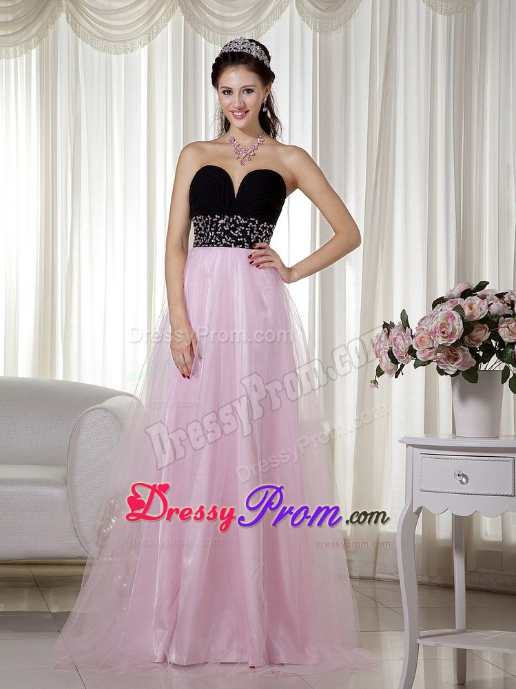 Pink and Black Taffeta Tulle Beaded Sweetheart Prom Dress