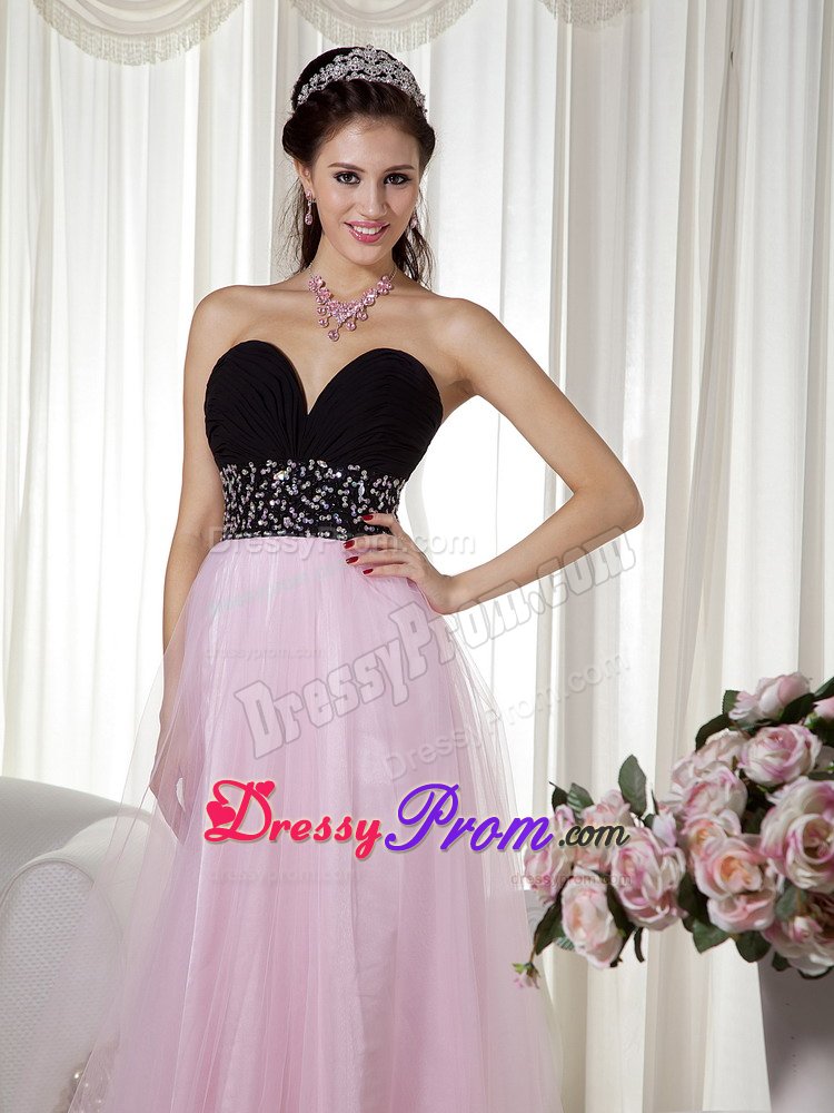 Pink and Black Taffeta Tulle Beaded Sweetheart Prom Dress