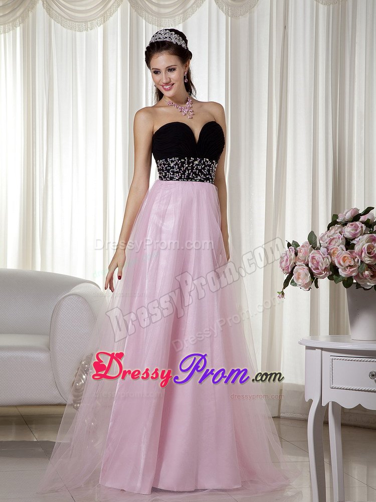 Pink and Black Taffeta Tulle Beaded Sweetheart Prom Dress