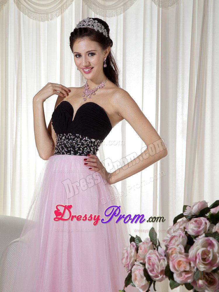 Pink and Black Taffeta Tulle Beaded Sweetheart Prom Dress