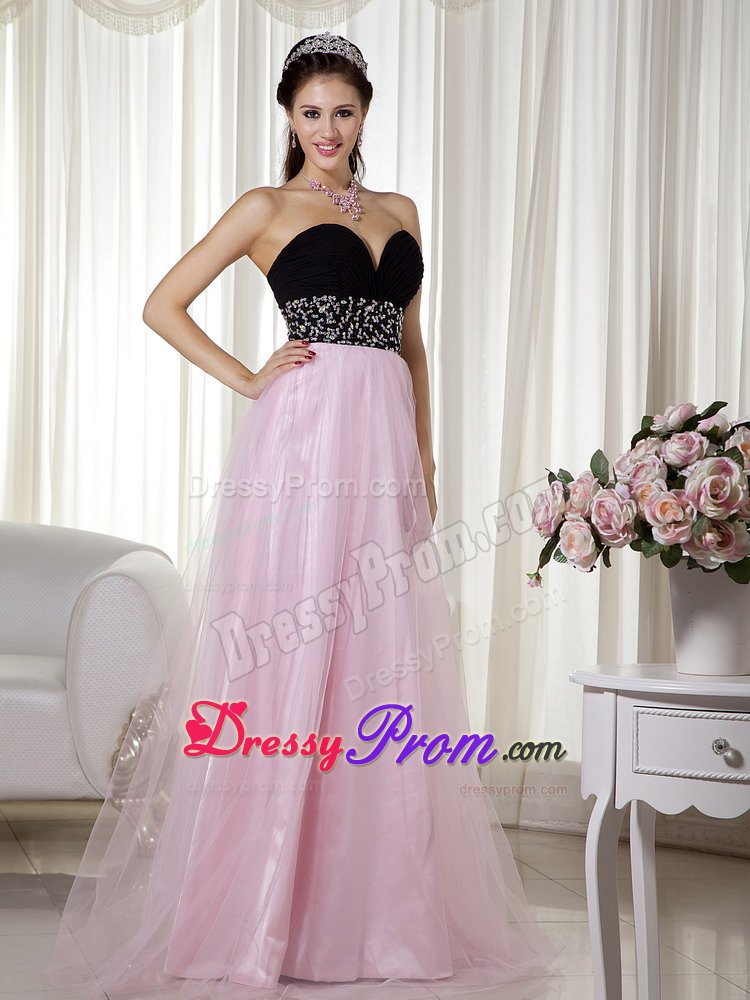 Pink and Black Taffeta Tulle Beaded Sweetheart Prom Dress
