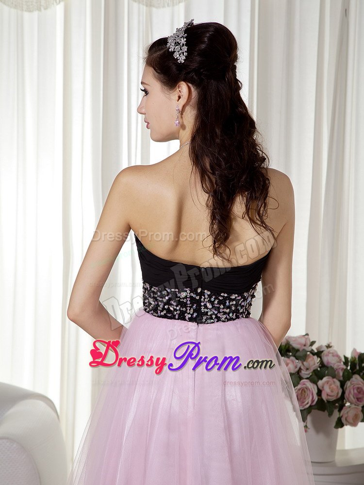 Pink and Black Taffeta Tulle Beaded Sweetheart Prom Dress