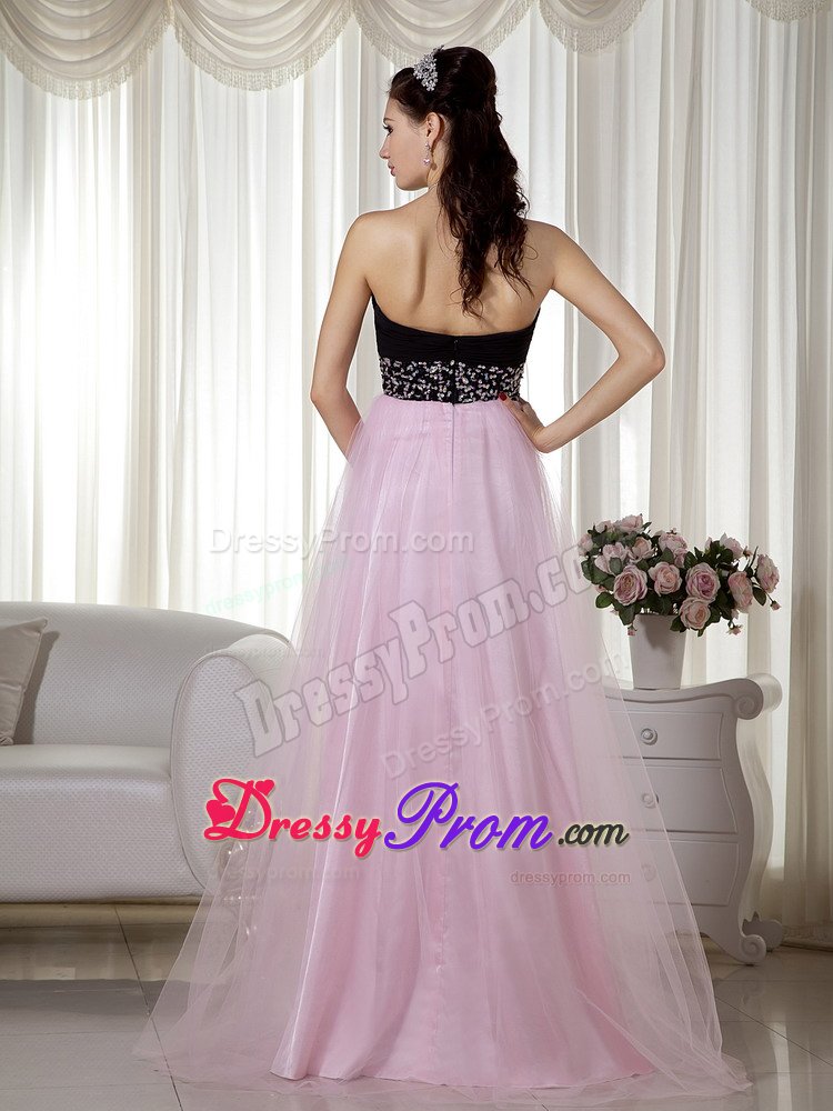 Pink and Black Taffeta Tulle Beaded Sweetheart Prom Dress