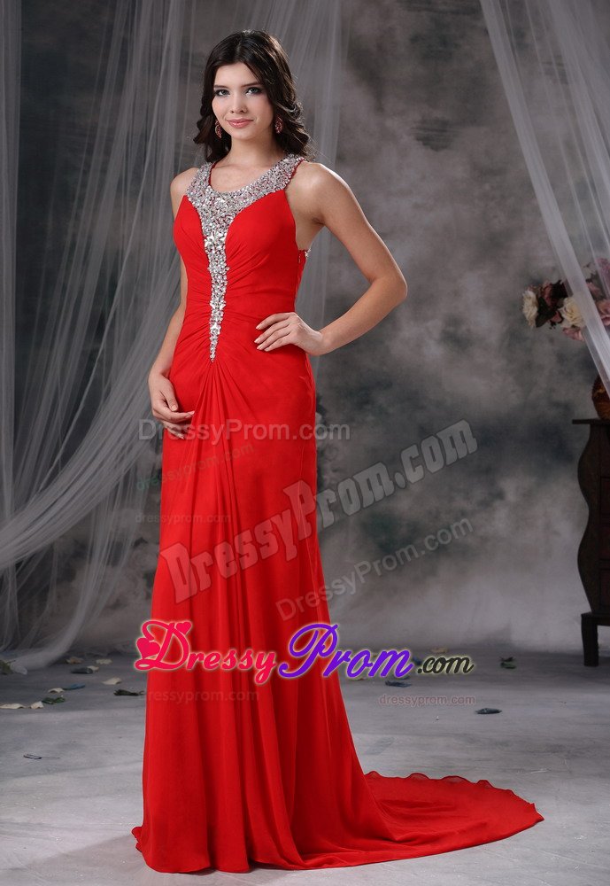 Scoop Neck Brush Train Rhinestones Red Prom Dressed 2014