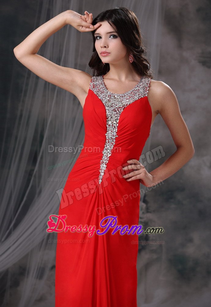 Scoop Neck Brush Train Rhinestones Red Prom Dressed 2014