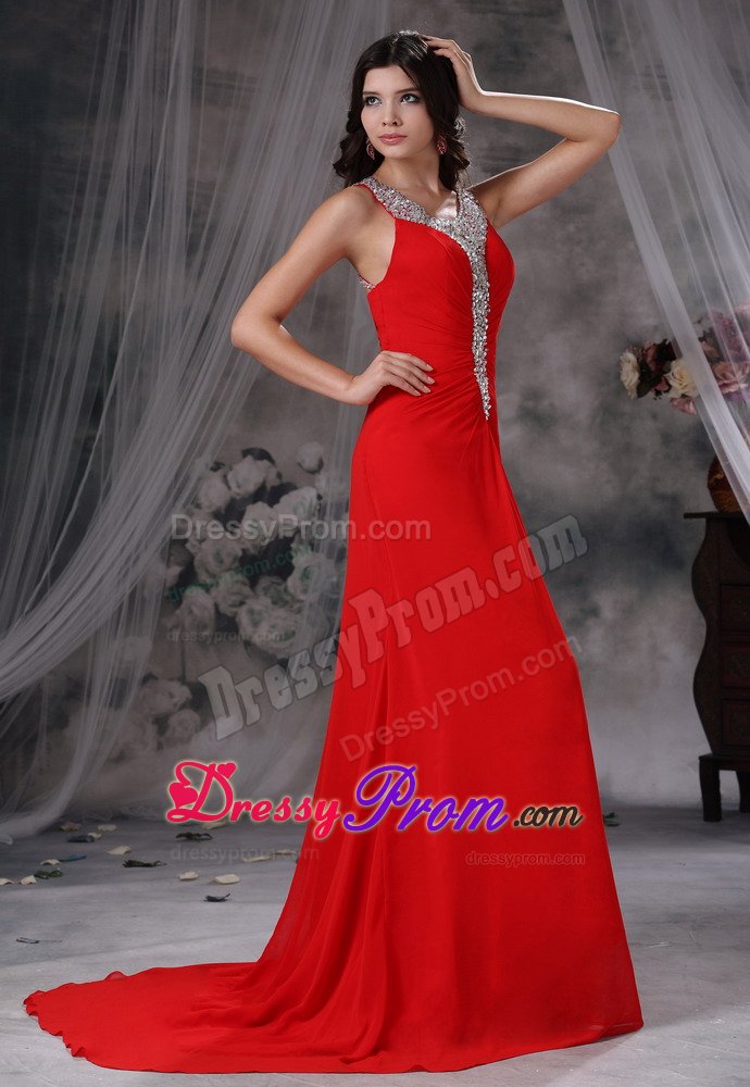 Scoop Neck Brush Train Rhinestones Red Prom Dressed 2014