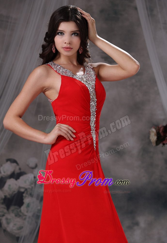 Scoop Neck Brush Train Rhinestones Red Prom Dressed 2014