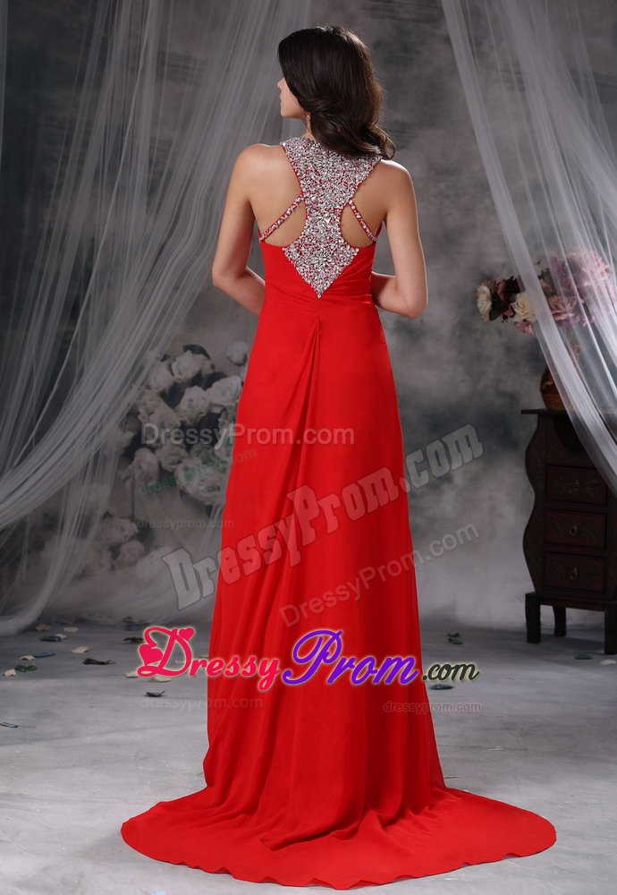 Scoop Neck Brush Train Rhinestones Red Prom Dressed 2014