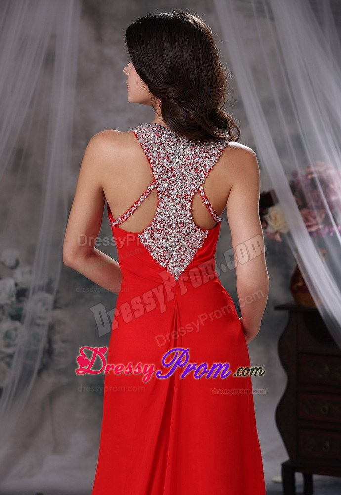 Scoop Neck Brush Train Rhinestones Red Prom Dressed 2014