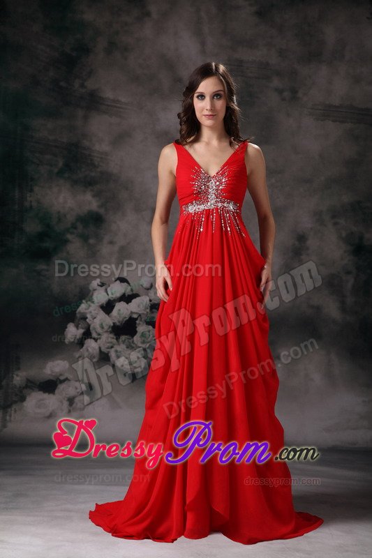 Low Price V-neck Chiffon Red Beaded Prom Evening Dresses