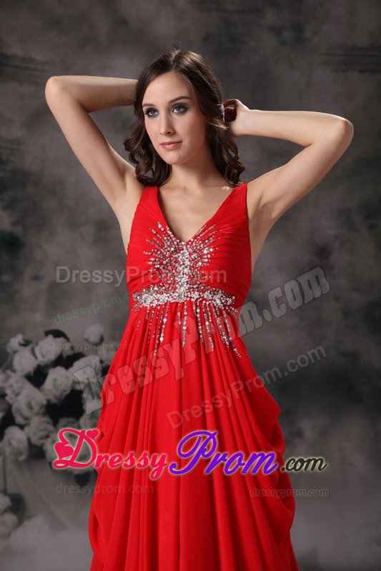 Low Price V-neck Chiffon Red Beaded Prom Evening Dresses