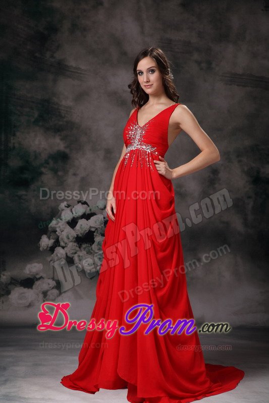 Low Price V-neck Chiffon Red Beaded Prom Evening Dresses
