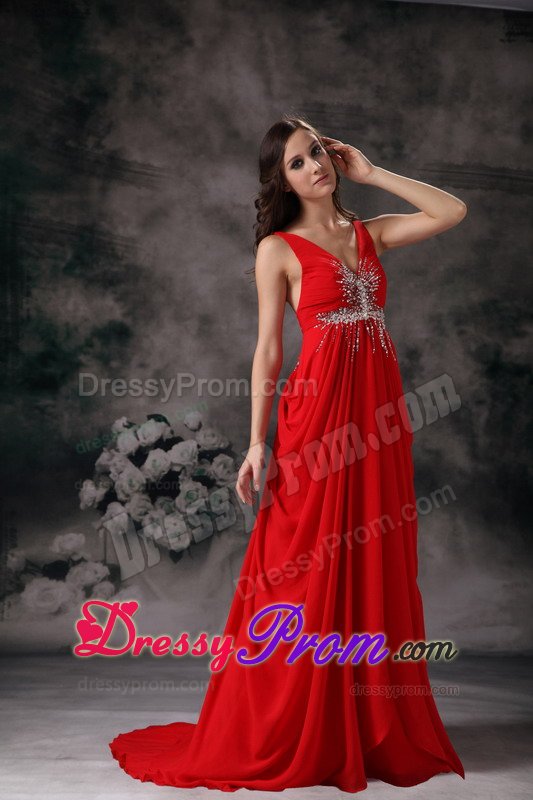 Low Price V-neck Chiffon Red Beaded Prom Evening Dresses