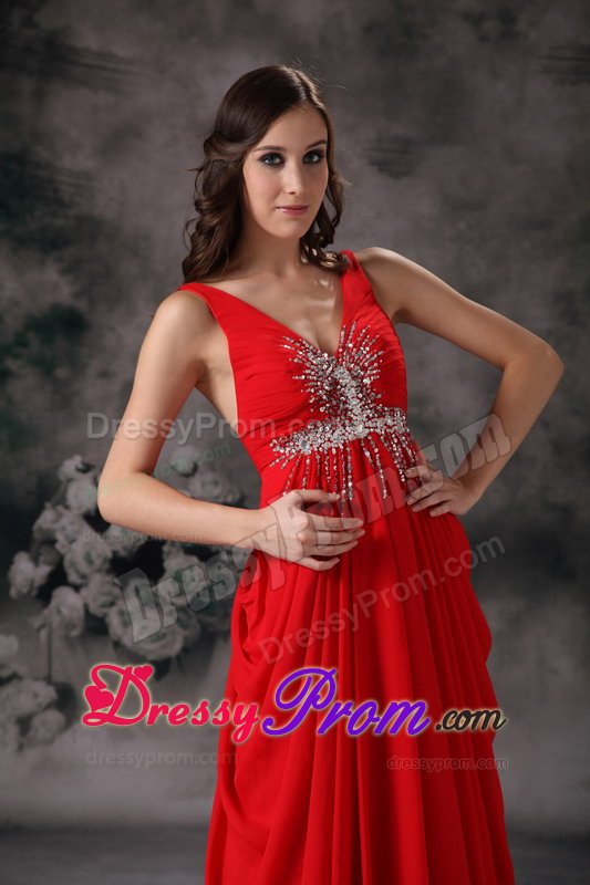 Low Price V-neck Chiffon Red Beaded Prom Evening Dresses