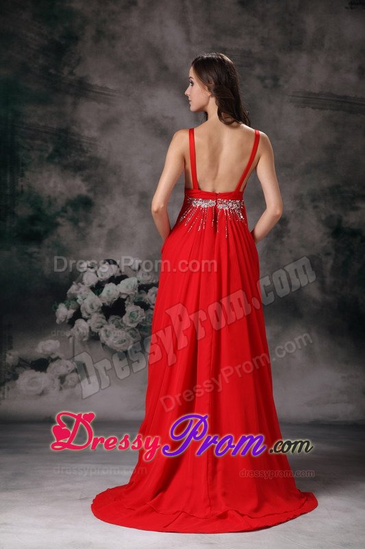 Low Price V-neck Chiffon Red Beaded Prom Evening Dresses