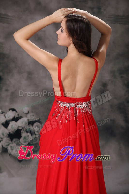 Low Price V-neck Chiffon Red Beaded Prom Evening Dresses