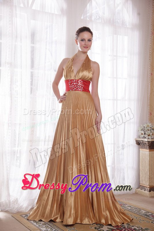 Backless Halter top Pleated Gold Prom Dress with Rhinestones