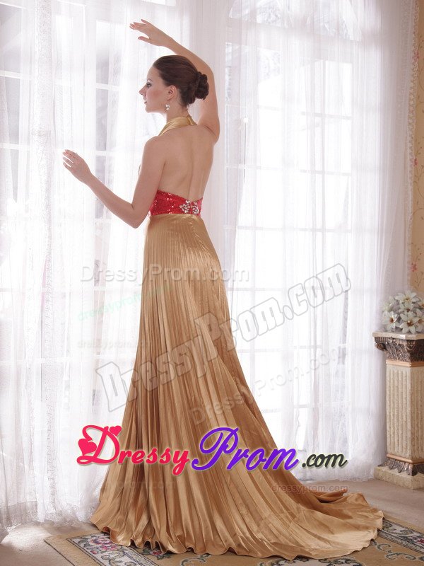 Backless Halter top Pleated Gold Prom Dress with Rhinestones