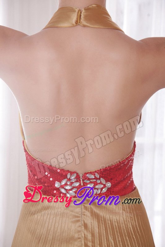 Backless Halter top Pleated Gold Prom Dress with Rhinestones