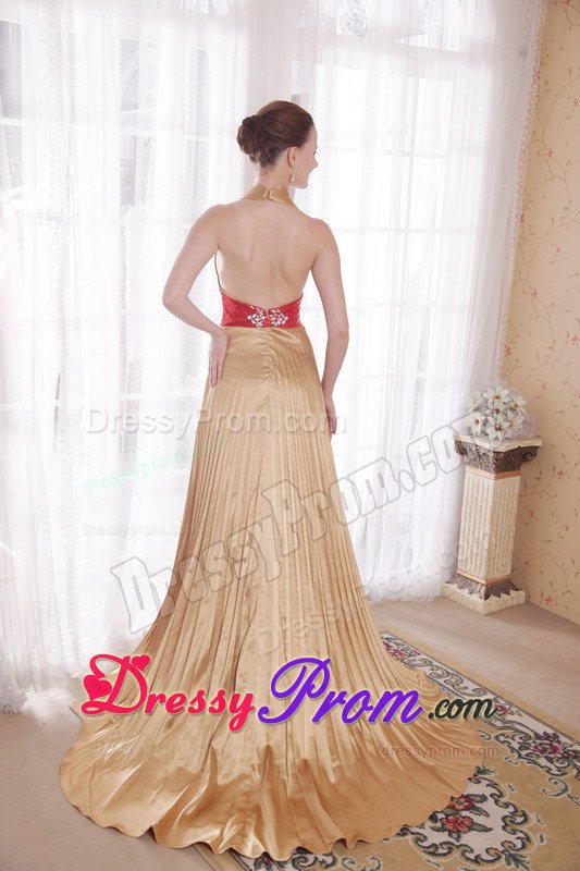 Backless Halter top Pleated Gold Prom Dress with Rhinestones