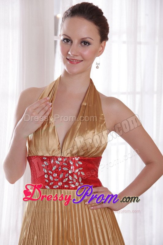 Backless Halter top Pleated Gold Prom Dress with Rhinestones