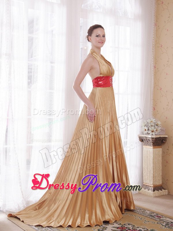 Backless Halter top Pleated Gold Prom Dress with Rhinestones