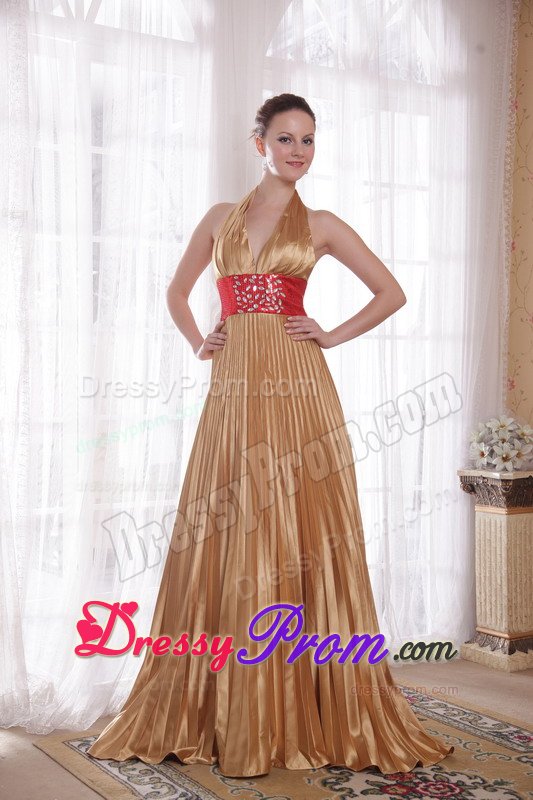 Backless Halter top Pleated Gold Prom Dress with Rhinestones