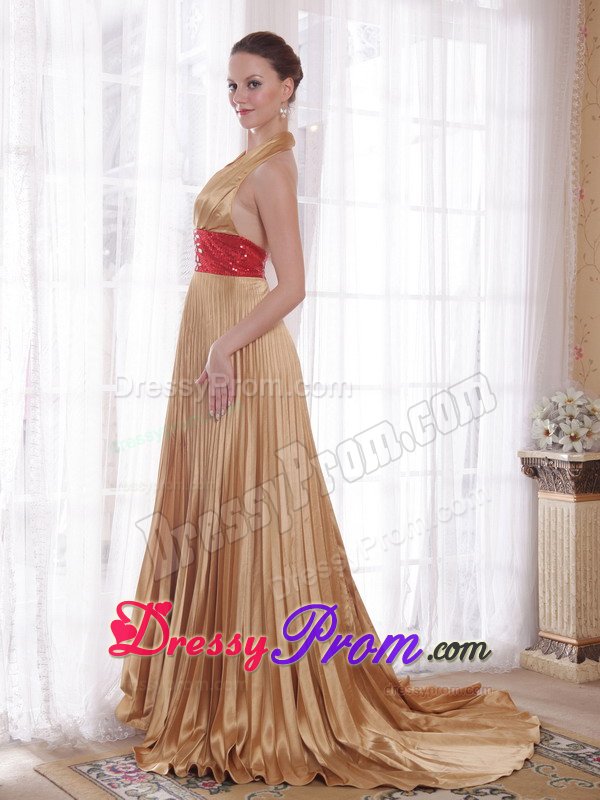 Backless Halter top Pleated Gold Prom Dress with Rhinestones