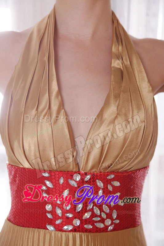 Backless Halter top Pleated Gold Prom Dress with Rhinestones