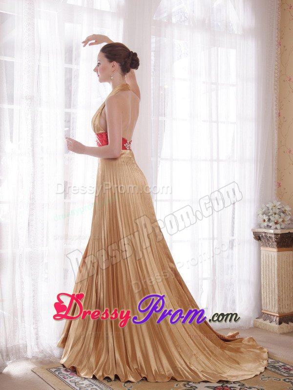 Backless Halter top Pleated Gold Prom Dress with Rhinestones