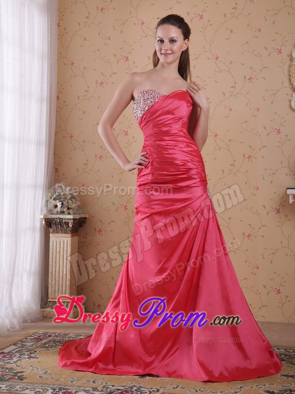 Fast Shipping Coral Red Sweetheart Beaded Prom Dresses