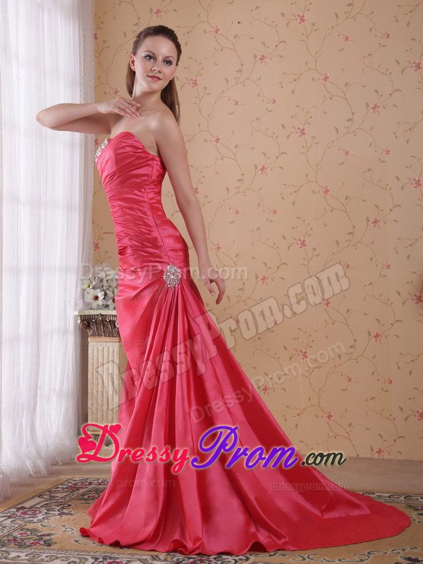 Fast Shipping Coral Red Sweetheart Beaded Prom Dresses