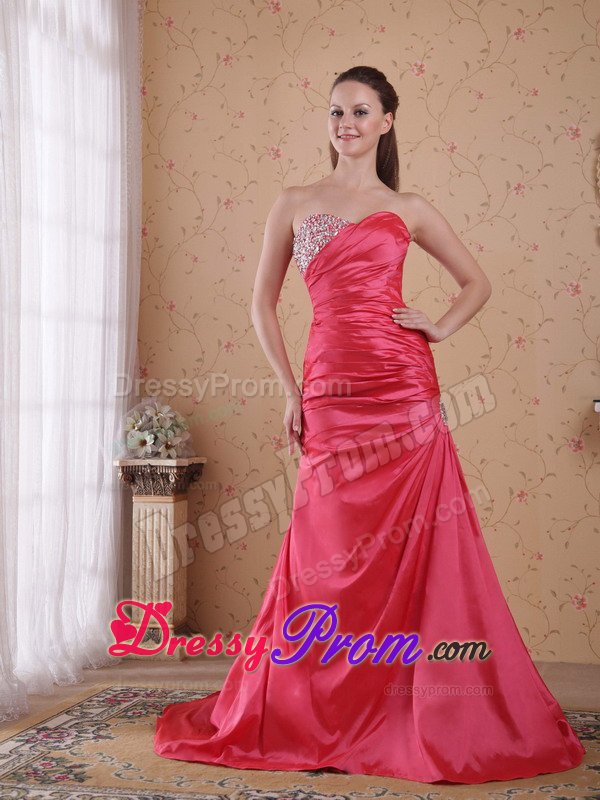 Fast Shipping Coral Red Sweetheart Beaded Prom Dresses