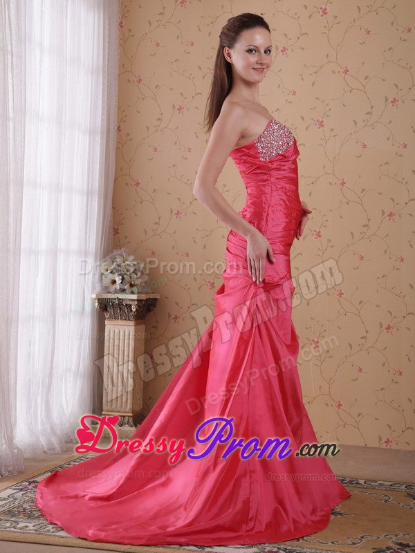 Fast Shipping Coral Red Sweetheart Beaded Prom Dresses