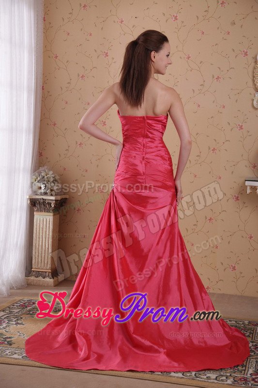 Fast Shipping Coral Red Sweetheart Beaded Prom Dresses