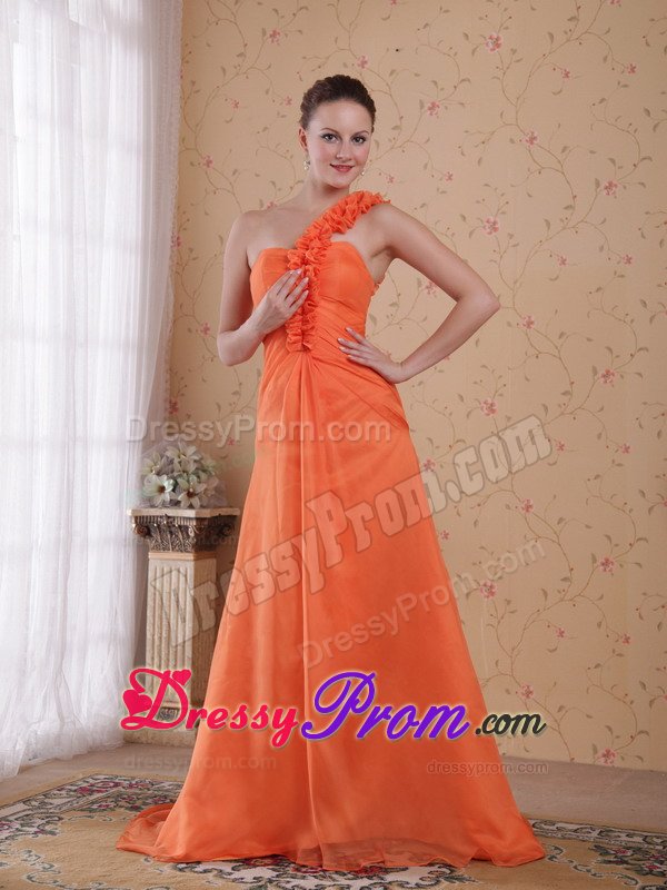 Pretty One Shoulder Orange Brush Train Prom Celebrity Dress