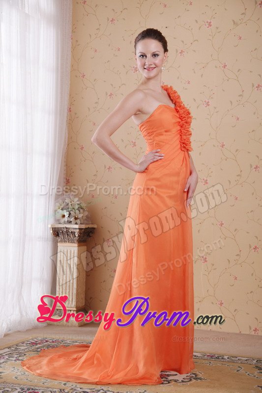 Pretty One Shoulder Orange Brush Train Prom Celebrity Dress