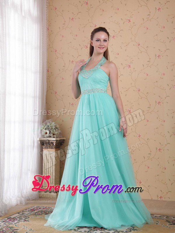 Discount Lace-Up Halter Lime Green Beaded Dress for Prom
