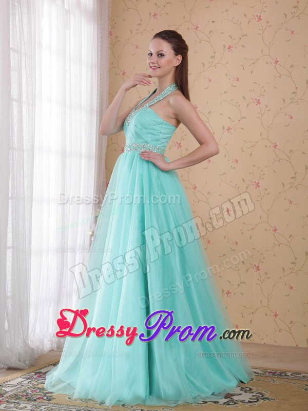 Discount Lace-Up Halter Lime Green Beaded Dress for Prom