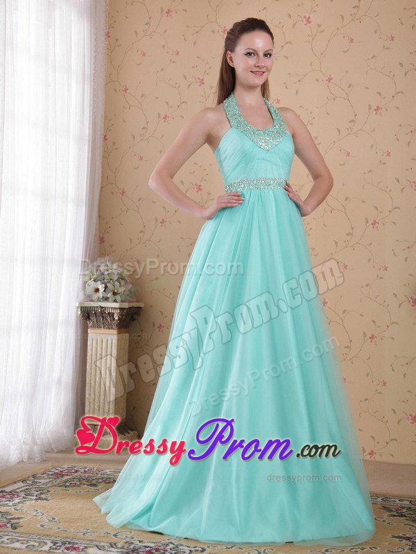 Discount Lace-Up Halter Lime Green Beaded Dress for Prom