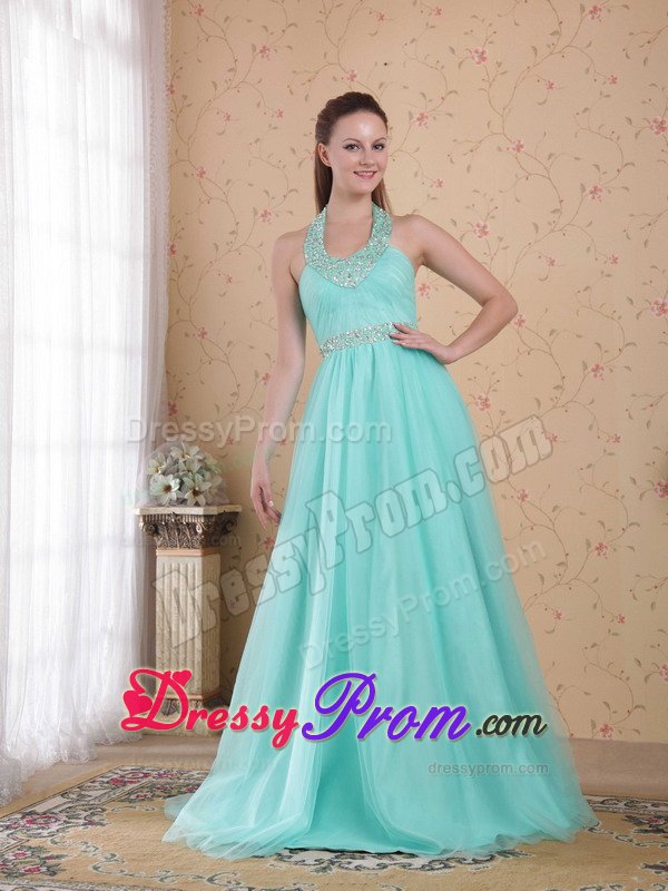 Discount Lace-Up Halter Lime Green Beaded Dress for Prom