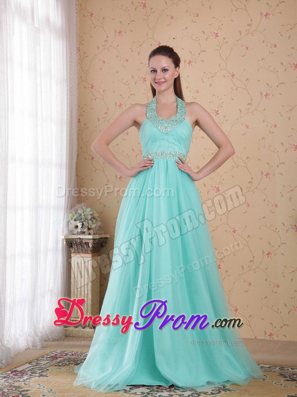 Discount Lace-Up Halter Lime Green Beaded Dress for Prom