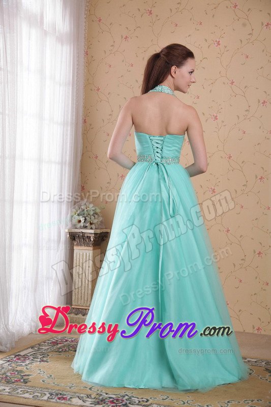 Discount Lace-Up Halter Lime Green Beaded Dress for Prom