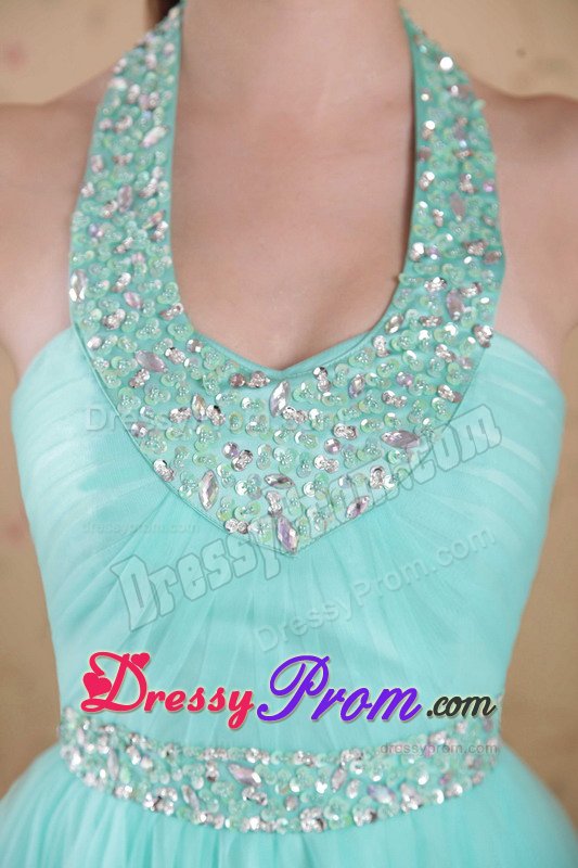 Discount Lace-Up Halter Lime Green Beaded Dress for Prom