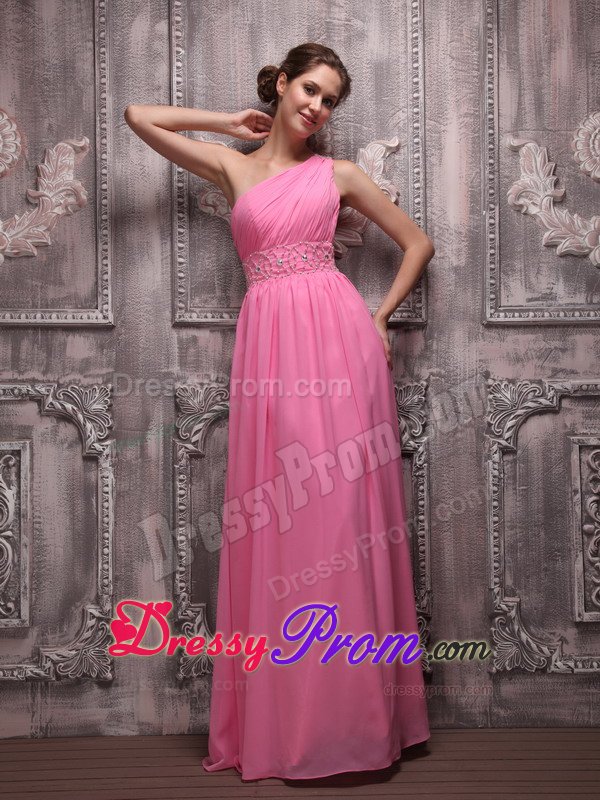 New Arrival Empire One Shoulder Ruched Rose Pink Prom Dress